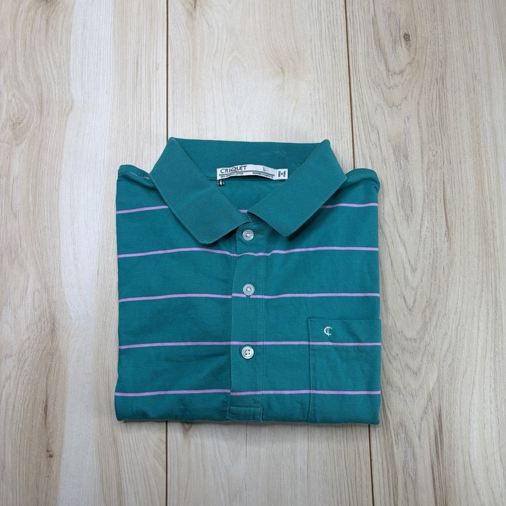 Criquet Men's Pink Striped Performance Polo Shirt Teal Green Size Large Cotton